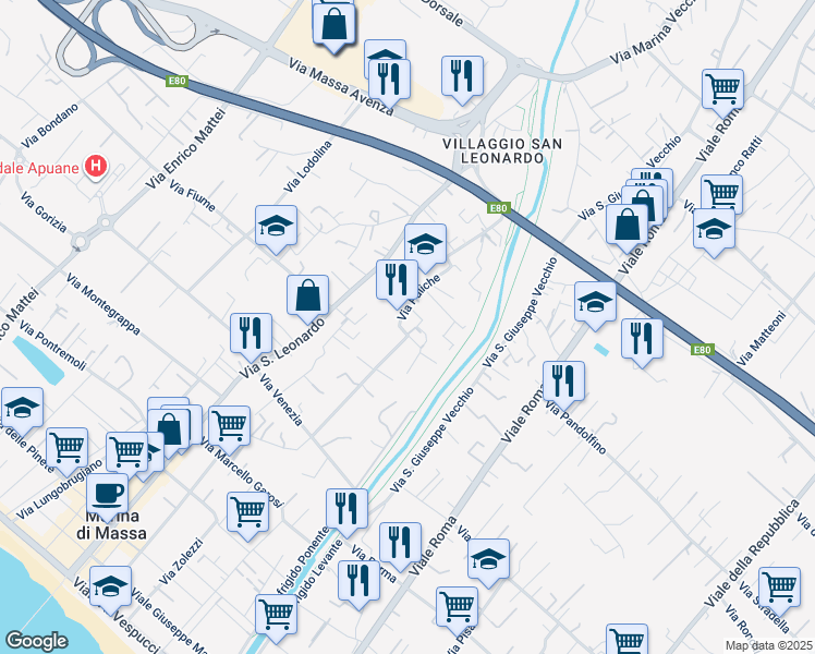 map of restaurants, bars, coffee shops, grocery stores, and more near 239 Via Puliche in Marina di Massa