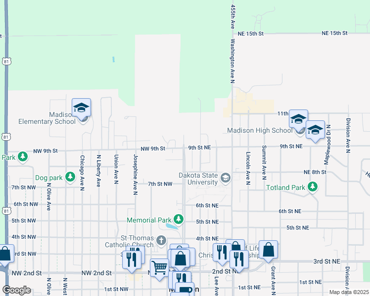 map of restaurants, bars, coffee shops, grocery stores, and more near 102 9th Street Northeast in Madison