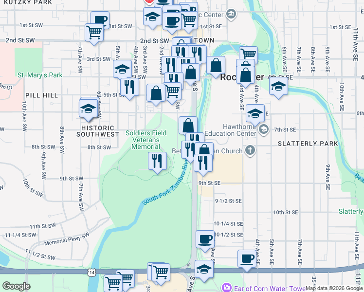 map of restaurants, bars, coffee shops, grocery stores, and more near 728 1st Avenue Southwest in Rochester