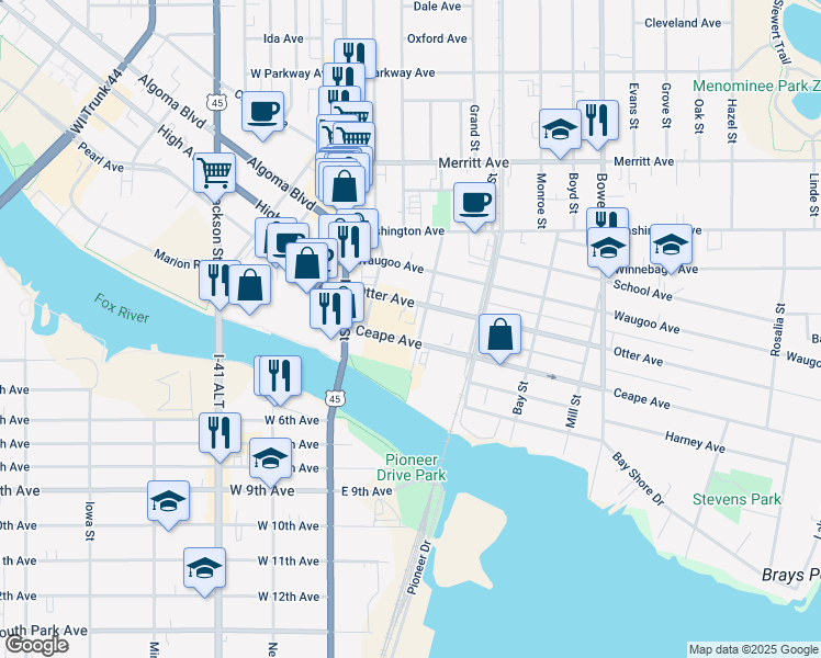 map of restaurants, bars, coffee shops, grocery stores, and more near 101 Court Street in Oshkosh