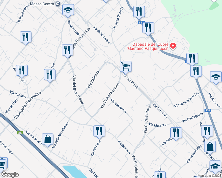 map of restaurants, bars, coffee shops, grocery stores, and more near 29 Via Due Madonne in Massa