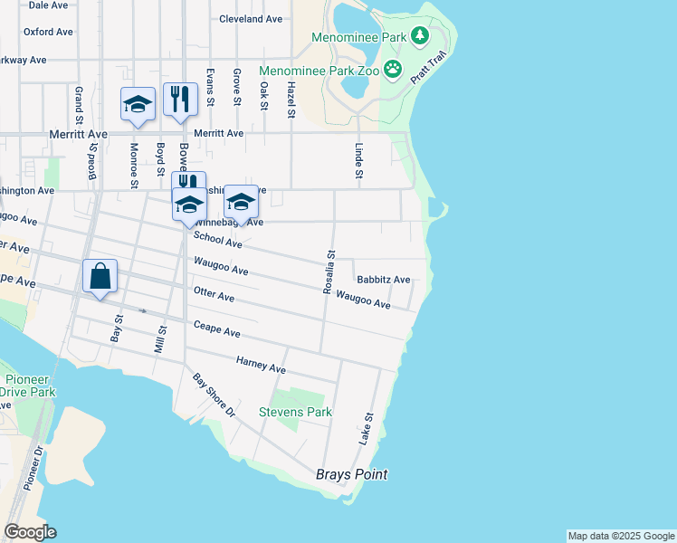 map of restaurants, bars, coffee shops, grocery stores, and more near 1307 Babbitz Avenue in Oshkosh