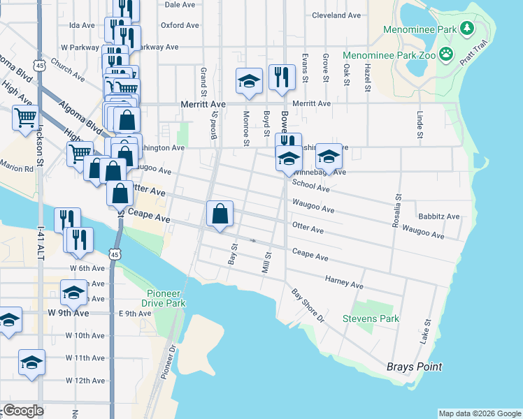 map of restaurants, bars, coffee shops, grocery stores, and more near 641 Otter Avenue in Oshkosh