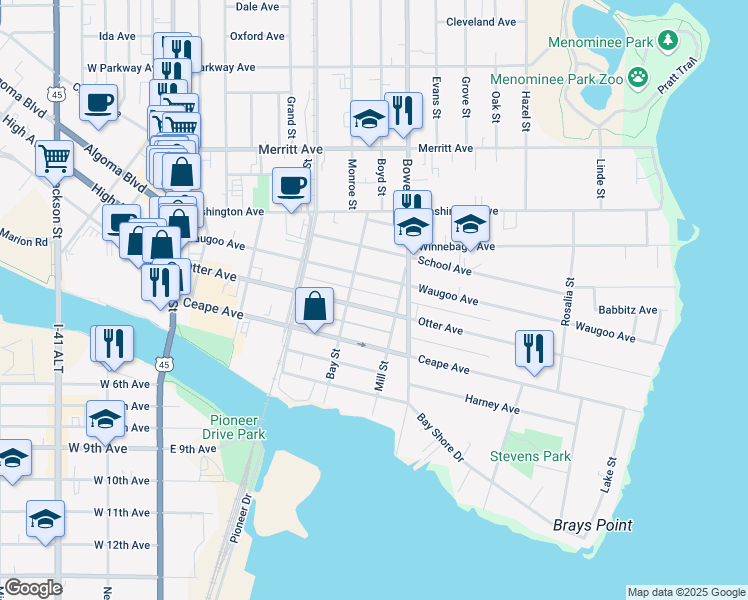 map of restaurants, bars, coffee shops, grocery stores, and more near 641 Otter Avenue in Oshkosh