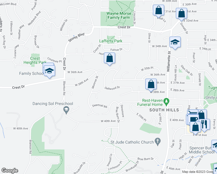 map of restaurants, bars, coffee shops, grocery stores, and more near 393 Dellwood Drive in Eugene