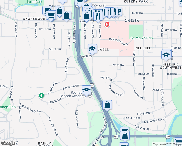 map of restaurants, bars, coffee shops, grocery stores, and more near 902 17th Avenue Southwest in Rochester