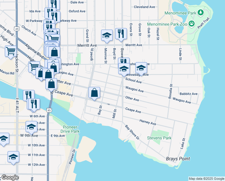 map of restaurants, bars, coffee shops, grocery stores, and more near 641 Otter Avenue in Oshkosh