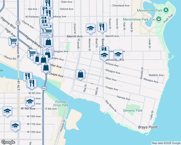 map of restaurants, bars, coffee shops, grocery stores, and more near 128 Bay Street in Oshkosh