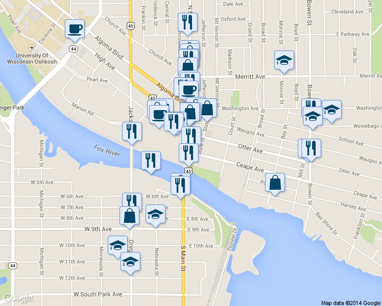 map of restaurants, bars, coffee shops, grocery stores, and more near 842 Algoma Boulevard in Oshkosh