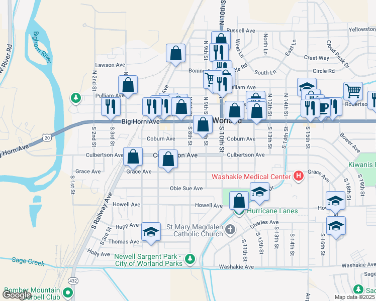 map of restaurants, bars, coffee shops, grocery stores, and more near 804 Culbertson Avenue in Worland