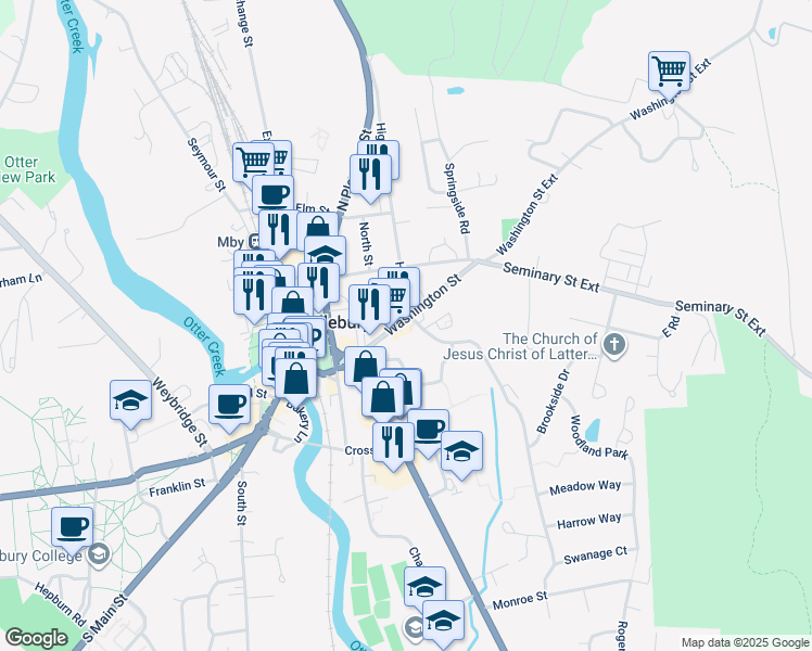 map of restaurants, bars, coffee shops, grocery stores, and more near 8 Buttolph Drive in Middlebury