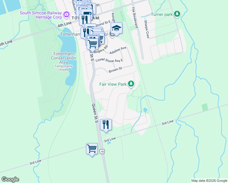 map of restaurants, bars, coffee shops, grocery stores, and more near 71 Donnan Drive in New Tecumseth
