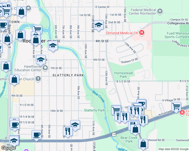 map of restaurants, bars, coffee shops, grocery stores, and more near 813 12th Avenue Southeast in Rochester