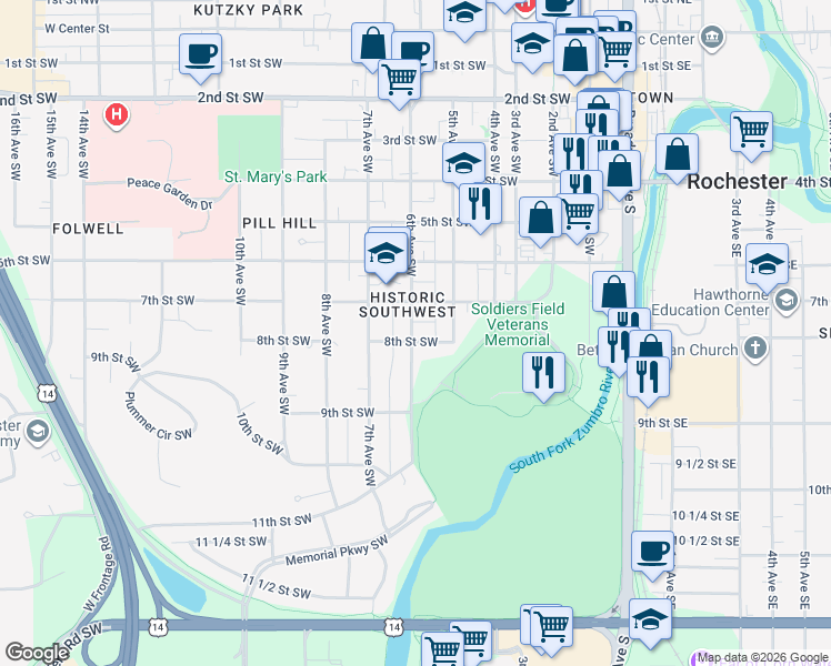 map of restaurants, bars, coffee shops, grocery stores, and more near 516 8th Street Southwest in Rochester