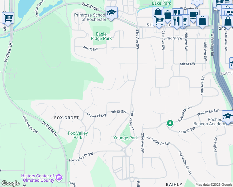 map of restaurants, bars, coffee shops, grocery stores, and more near 2472 Gates Drive in Rochester