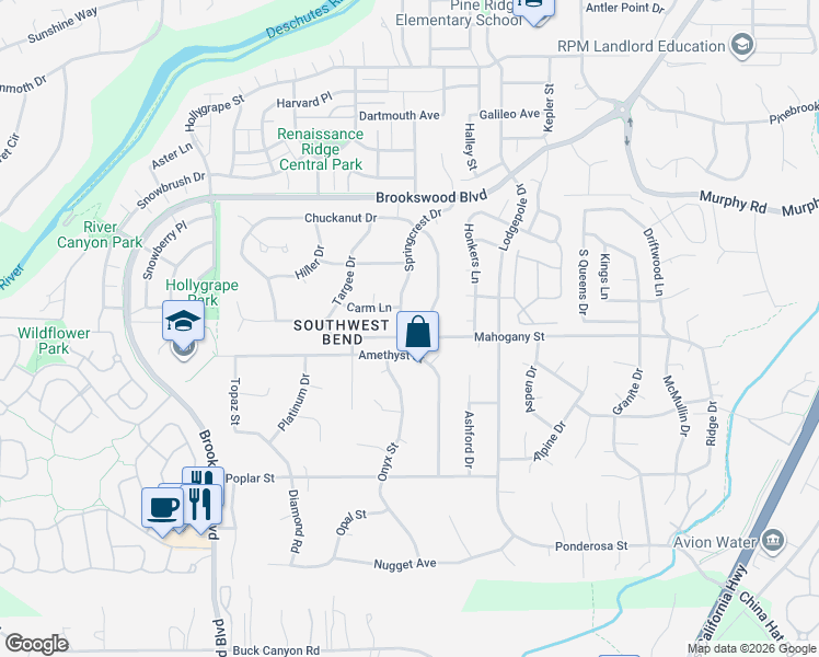 map of restaurants, bars, coffee shops, grocery stores, and more near 60978 Amethyst Street in Bend