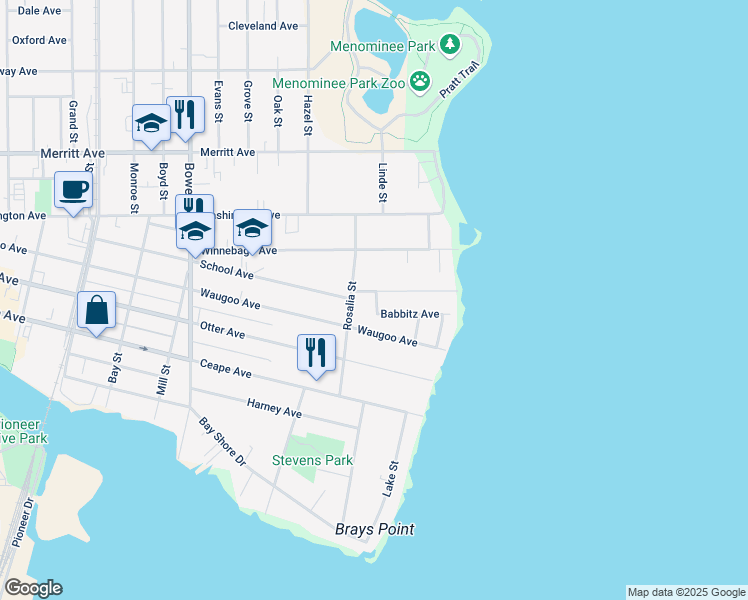 map of restaurants, bars, coffee shops, grocery stores, and more near 1307 Babbitz Avenue in Oshkosh