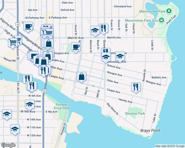 map of restaurants, bars, coffee shops, grocery stores, and more near 128 Bay Street in Oshkosh