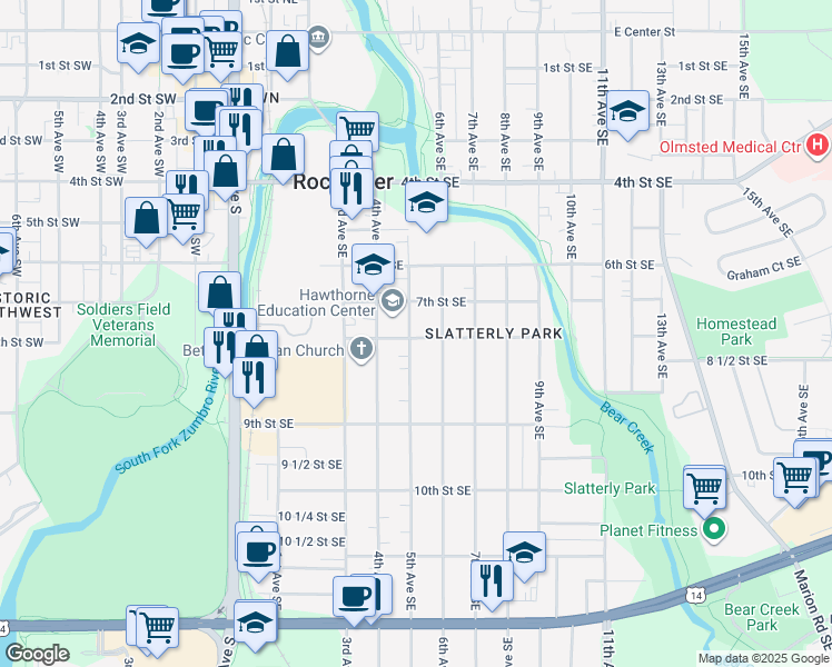 map of restaurants, bars, coffee shops, grocery stores, and more near 815 6th Avenue Southeast in Rochester