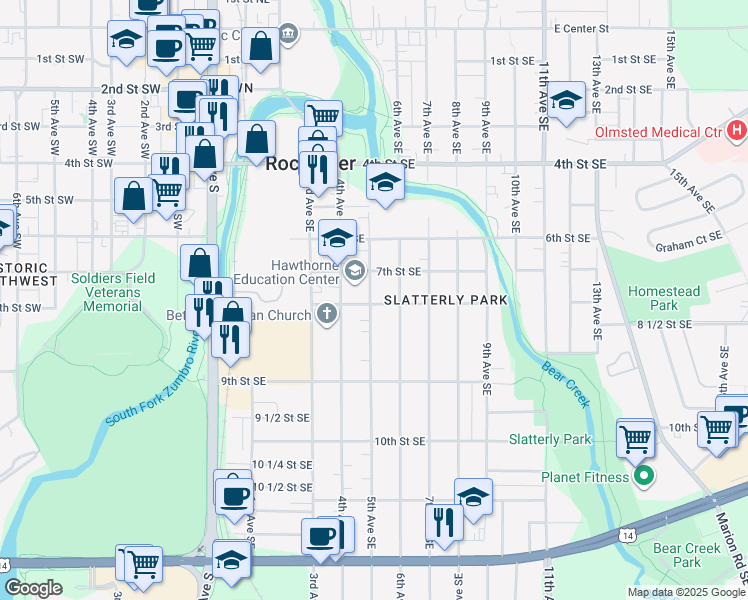 map of restaurants, bars, coffee shops, grocery stores, and more near 501 8th Street Southeast in Rochester