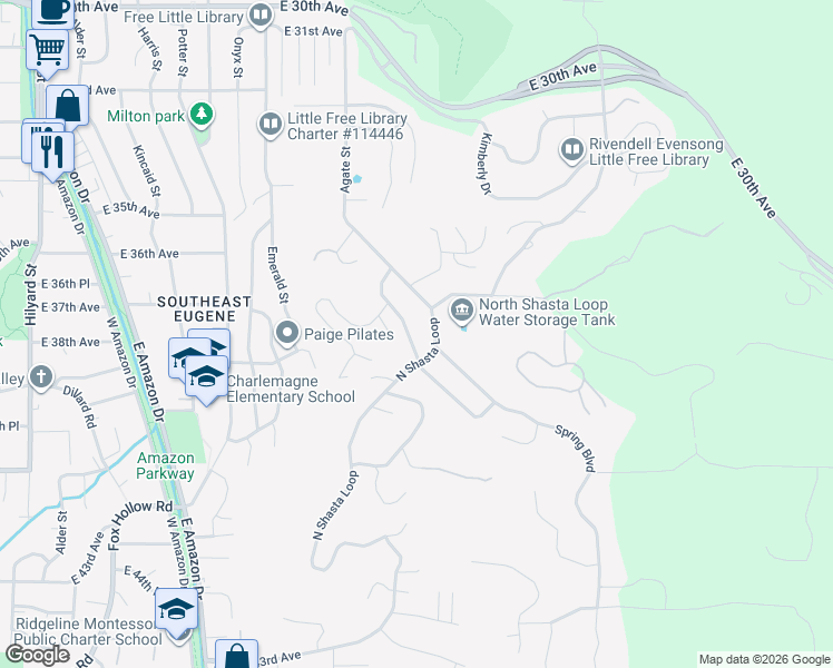 map of restaurants, bars, coffee shops, grocery stores, and more near 3727 Vine Maple Street in Eugene