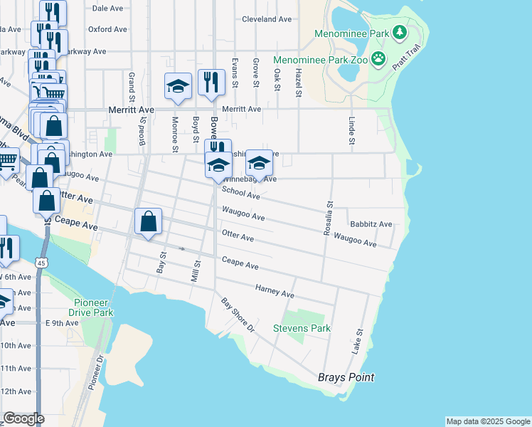 map of restaurants, bars, coffee shops, grocery stores, and more near 1025 Waugoo Avenue in Oshkosh