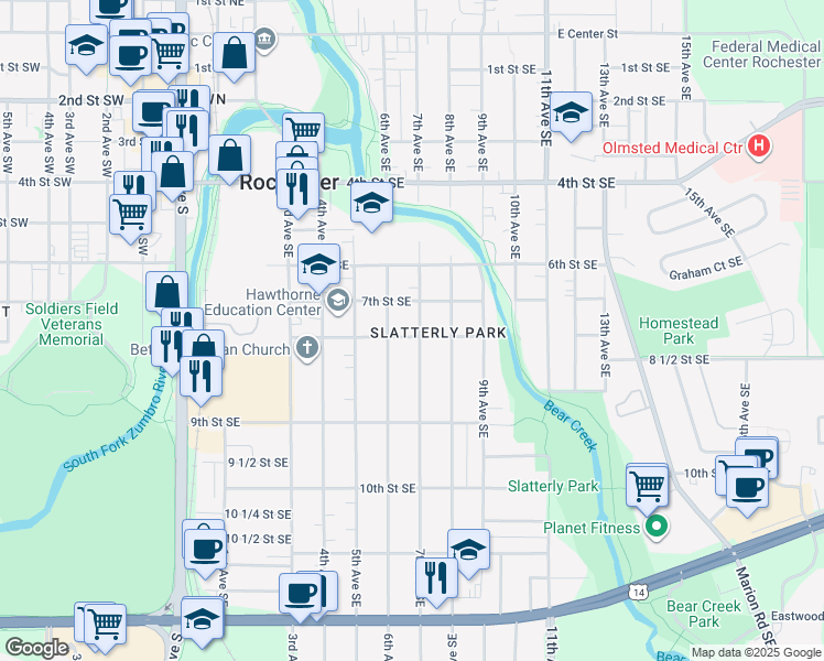 map of restaurants, bars, coffee shops, grocery stores, and more near 811 7th Avenue Southeast in Rochester