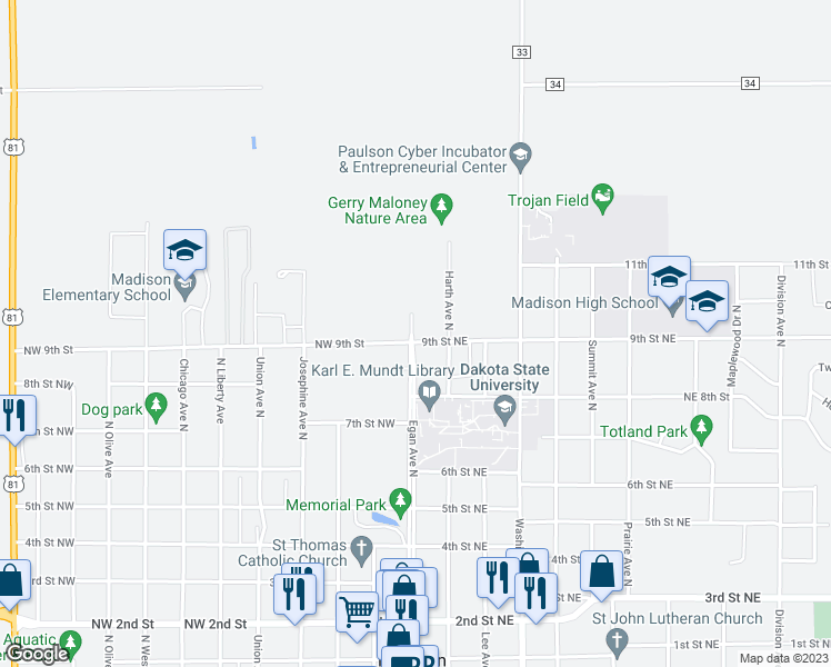 map of restaurants, bars, coffee shops, grocery stores, and more near 102 9th Street Northeast in Madison
