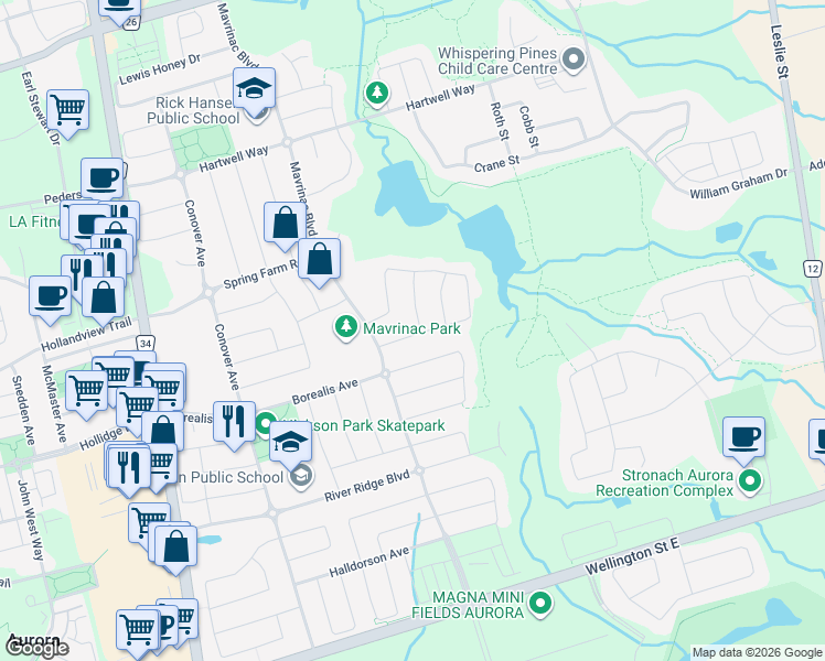 map of restaurants, bars, coffee shops, grocery stores, and more near 2 Hogaboom Avenue in Aurora