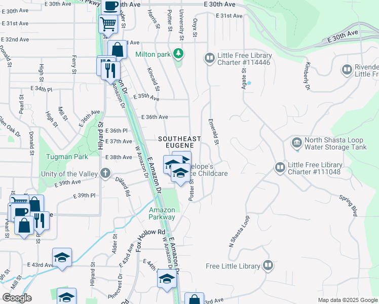 map of restaurants, bars, coffee shops, grocery stores, and more near 3788 Potter Street in Eugene