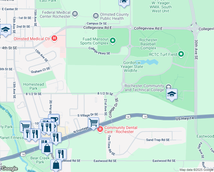 map of restaurants, bars, coffee shops, grocery stores, and more near in Rochester