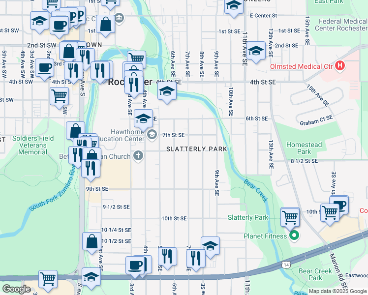 map of restaurants, bars, coffee shops, grocery stores, and more near 811 7th Avenue Southeast in Rochester