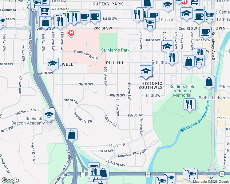 map of restaurants, bars, coffee shops, grocery stores, and more near 828 8th Street Southwest in Rochester