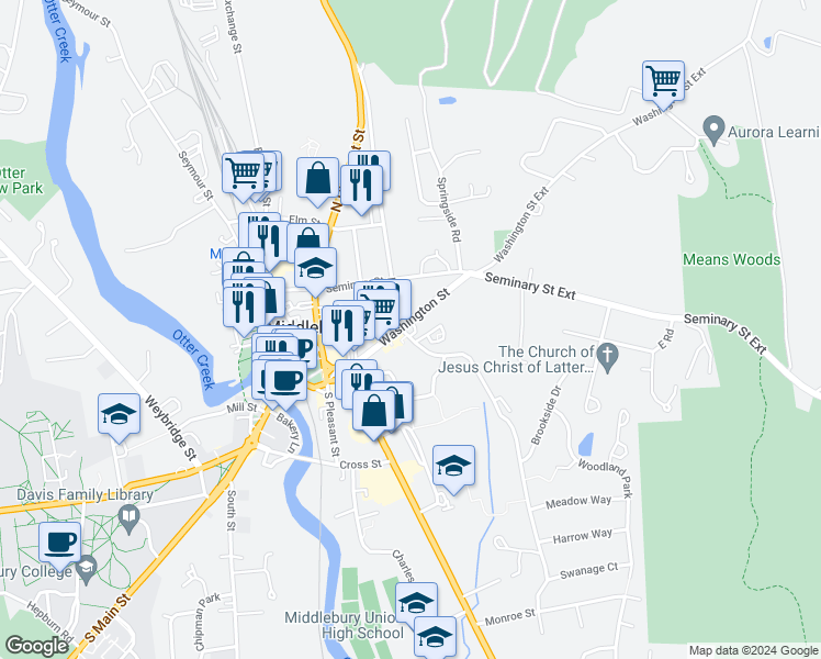 map of restaurants, bars, coffee shops, grocery stores, and more near 24 Washington Street in Middlebury