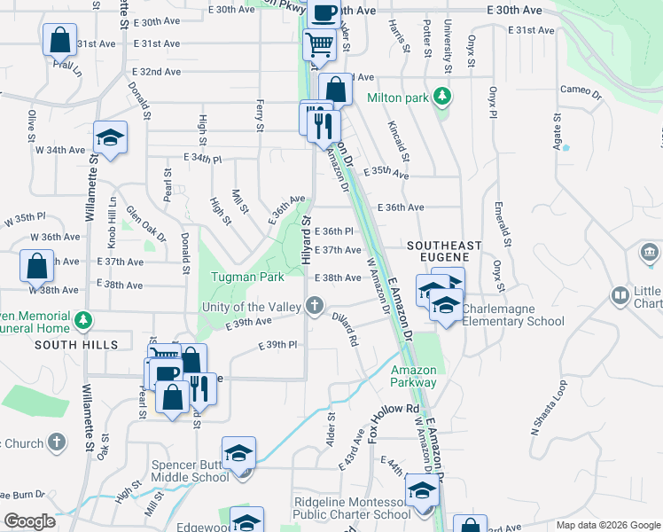 map of restaurants, bars, coffee shops, grocery stores, and more near 765 East 37th Avenue in Eugene