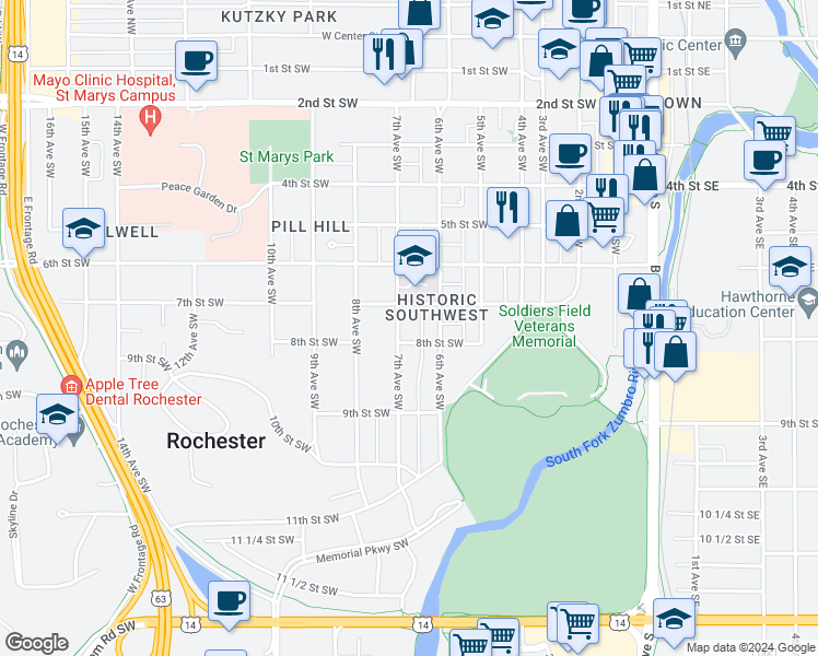 map of restaurants, bars, coffee shops, grocery stores, and more near 606 7th Street Southwest in Rochester