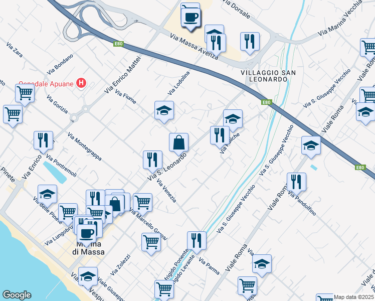 map of restaurants, bars, coffee shops, grocery stores, and more near 13 Via Fiume in Marina di Massa
