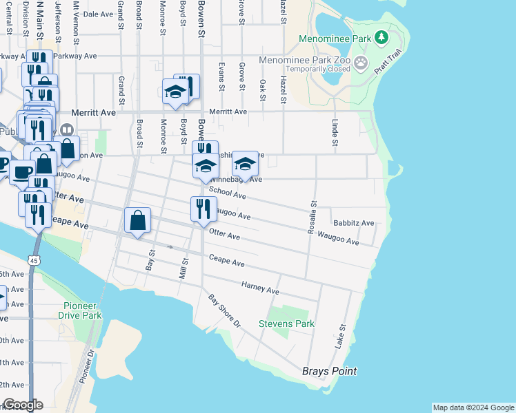 map of restaurants, bars, coffee shops, grocery stores, and more near 1030 School Avenue in Oshkosh
