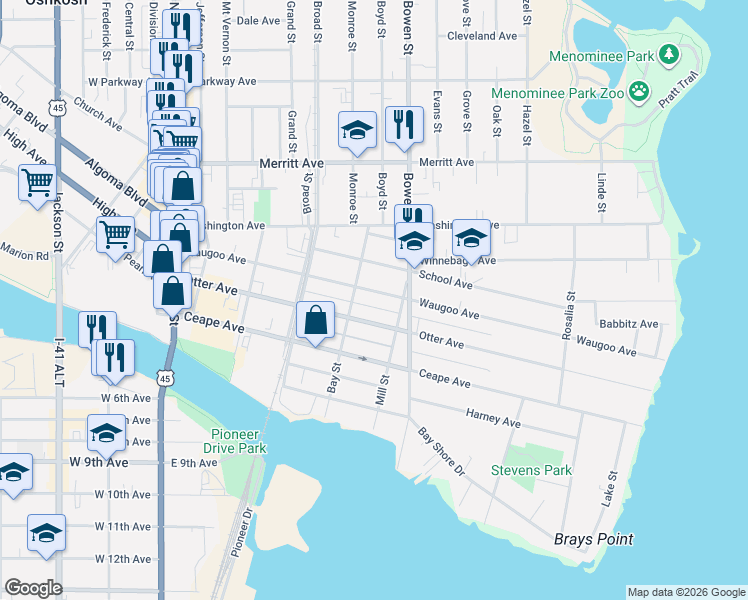 map of restaurants, bars, coffee shops, grocery stores, and more near 632 Waugoo Avenue in Oshkosh