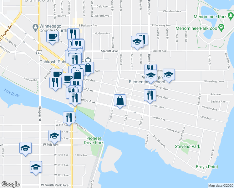 map of restaurants, bars, coffee shops, grocery stores, and more near 525 Waugoo Avenue in Oshkosh
