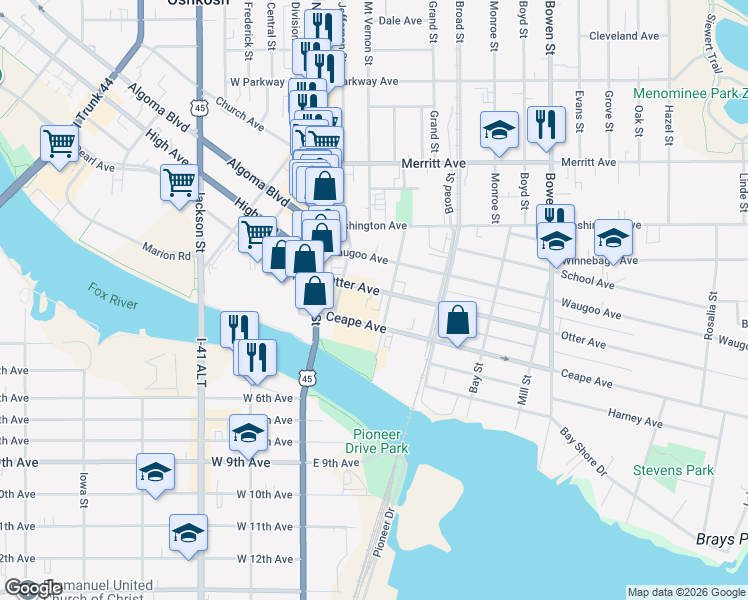 map of restaurants, bars, coffee shops, grocery stores, and more near 226 Court Street in Oshkosh