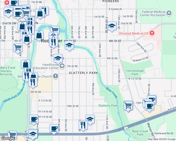 map of restaurants, bars, coffee shops, grocery stores, and more near 719 7th Street Southeast in Rochester