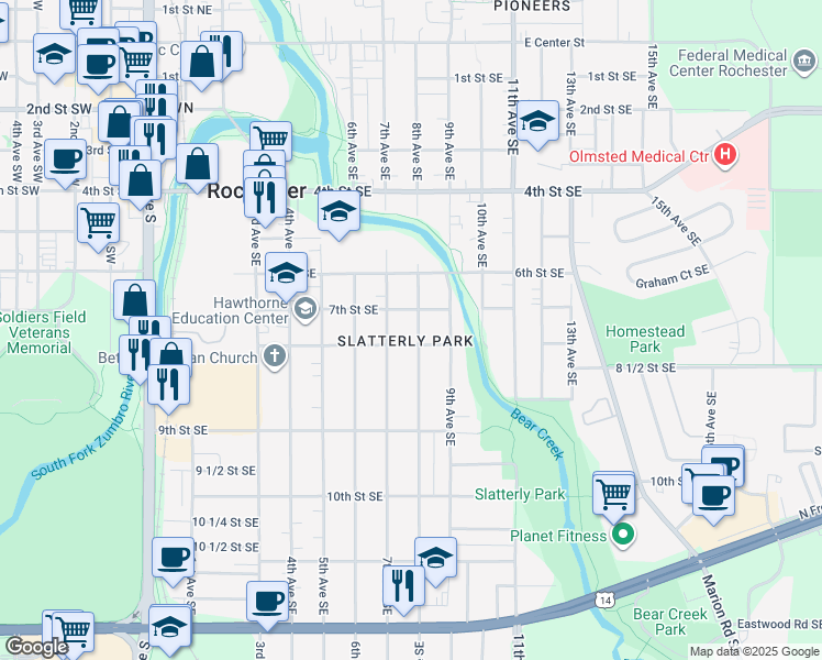 map of restaurants, bars, coffee shops, grocery stores, and more near 719 7th Street Southeast in Rochester