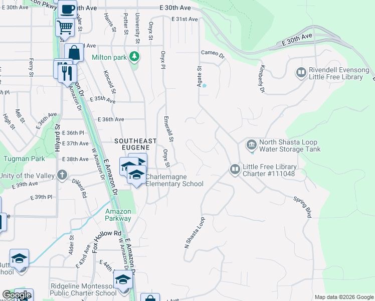map of restaurants, bars, coffee shops, grocery stores, and more near 3758 Pine Canyon Drive in Eugene