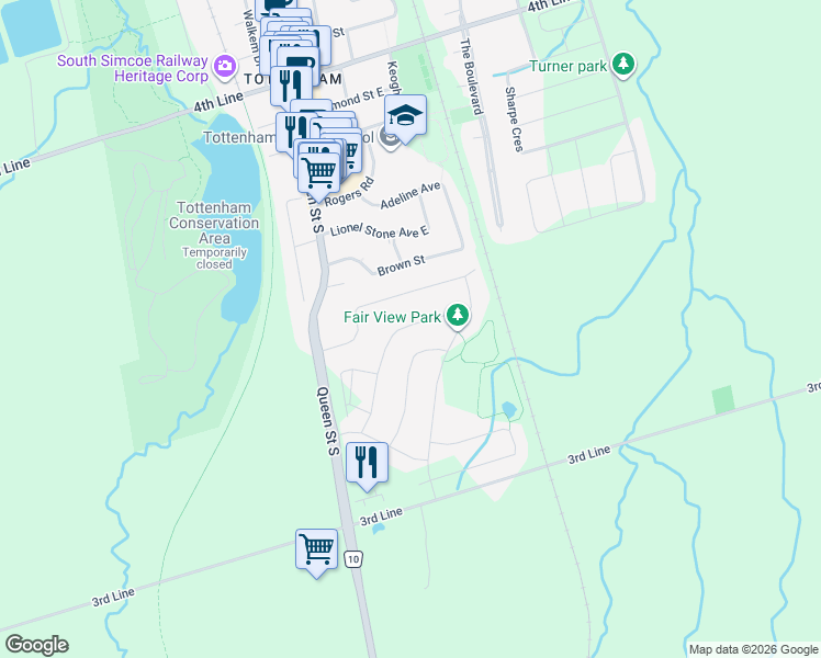 map of restaurants, bars, coffee shops, grocery stores, and more near 74 Pridham Place in New Tecumseth