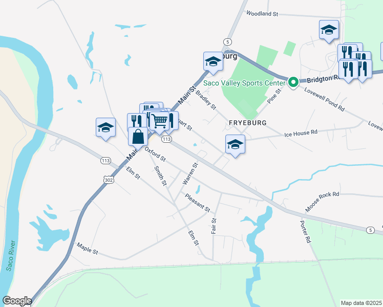 map of restaurants, bars, coffee shops, grocery stores, and more near 82 Portland Street in Fryeburg