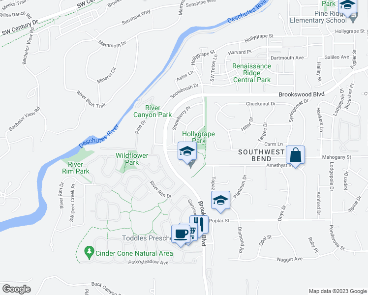 map of restaurants, bars, coffee shops, grocery stores, and more near 19557 Salmonberry Court in Bend