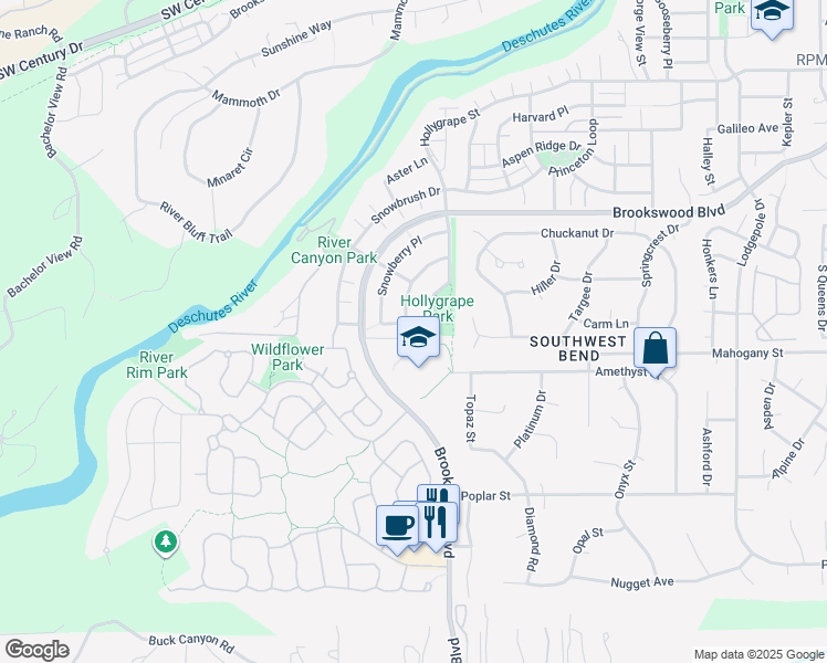 map of restaurants, bars, coffee shops, grocery stores, and more near 19569 Salmonberry Court in Bend