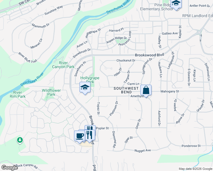 map of restaurants, bars, coffee shops, grocery stores, and more near 61021 Chuckanut Drive in Bend