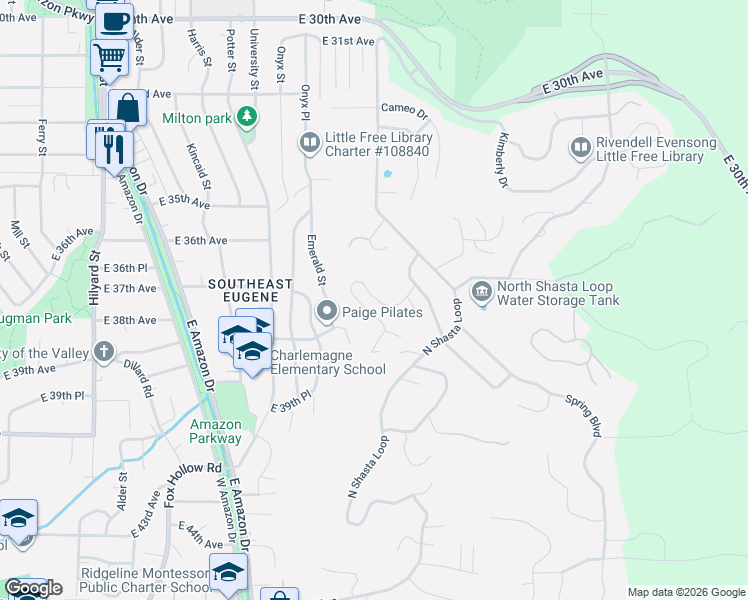 map of restaurants, bars, coffee shops, grocery stores, and more near 3731 Pine Canyon Drive in Eugene
